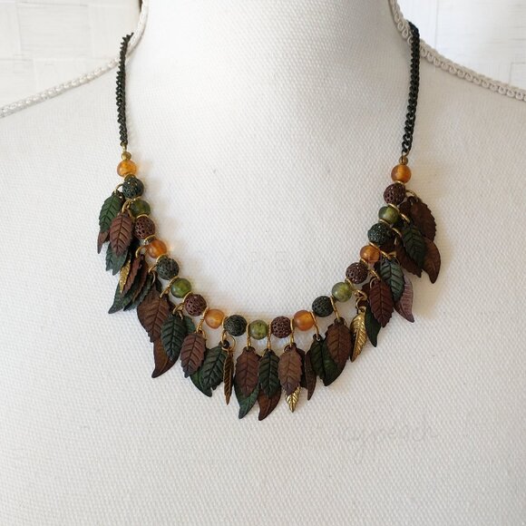 Vintage 90s Mixed Media Necklace Handmade Jewelry Upcycled Retro Cottagecore - Picture 1 of 14